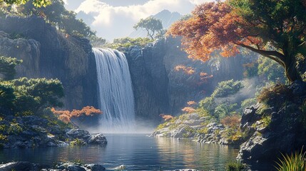 Wall Mural - Waterfall in a Lush Forest Landscape