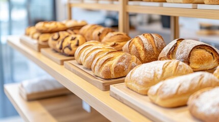 Canvas Print - A bakery display with many different types of breads on trays, AI