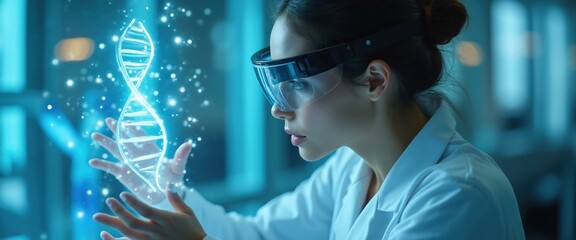 Wall Mural - female scientist exploring dna structure, genetic engineering, biomedical research, science technolo