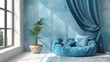 © Tina - A plush blue armchair with pillows sits in a sunlit room with blue walls, a potted plant, a window, and a flowing curtain.