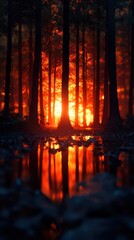 Forest at sunset with vibrant orange light reflecting in calm water.