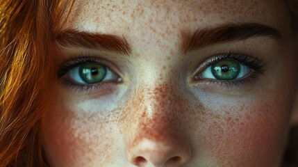 Wall Mural - Close-up Portrait of a Woman with Green Eyes and Freckles