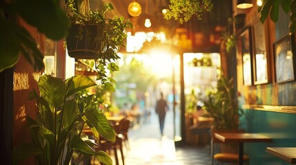 Wall Mural - Cozy restaurant interior with lush green plants, warm lighting, and a glimpse of the street outside through an open doorway, creating an inviting ambiance.