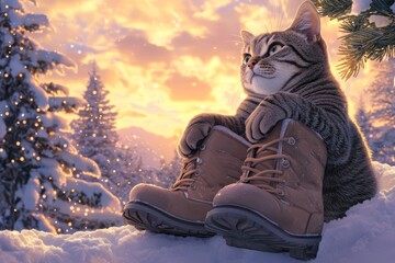 Whimsical cat in oversized boots sitting on a snow-covered rooftop, as Christmas trees and holiday decorations glow in the sunset light, evoking warmth and magic