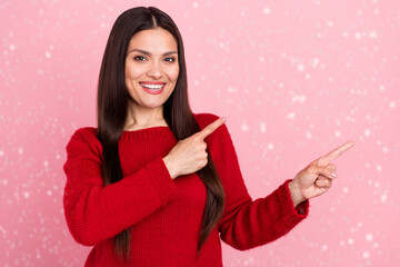 Canvas Print - Photo of impressed brunette lady point empty space wear red pullover isolated on pink color background