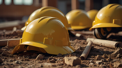 close-up scene featuring multiple yellow helmets scattered around a construction project site