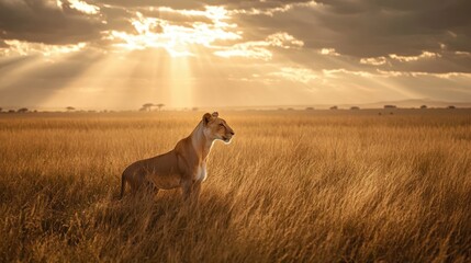 Wall Mural - Majestic lioness in golden savannah under dramatic sunlight.