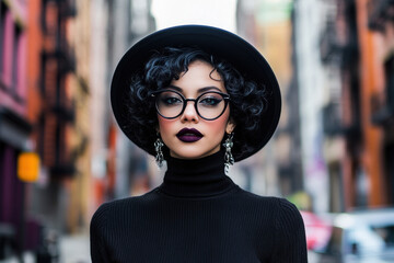 Chic woman with curly hair and glasses, wearing a black outfit, standing confidently on an urban city street, showcasing elegance and modern fashion.