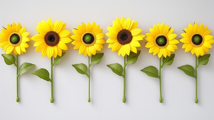 Sticker - A row of six sunflowers with green stems and leaves on a white background.