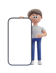 Poster - 3D character holding a blank smartphone frame, wearing casual clothes, isolated on a white background. Concept of technology template. 3D Rendering