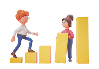 Poster - Two 3D characters interacting with yellow bar graphs on a white background. Concept of business growth and teamwork. 3D Rendering