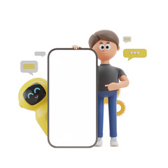 Poster - Cartoon character and robot holding a blank smartphone screen on a white background. 3D rendering. Concept of technology and communication