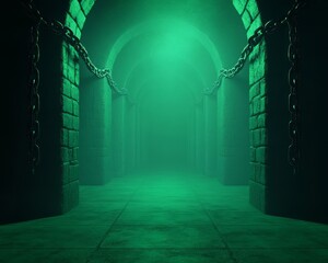 Wall Mural - A dimly lit corridor with stone walls and chains, creating a mysterious atmosphere.