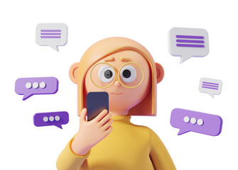 Poster - Cartoon character with glasses holding a smartphone, surrounded by speech bubbles, isolated on a white background. Concept of messaging. 3D Rendering