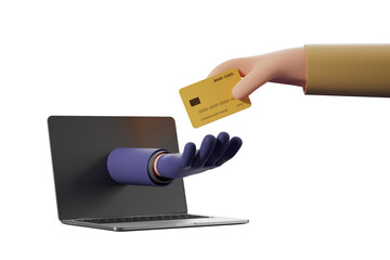 Poster - Hand handing a credit card to a thief arm extending from a laptop screen on a white background. Concept of online payment and technology. 3D Rendering
