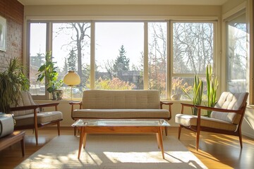 A photo of a mid-century modern interior in a country house living room with large windows. Generative AI
