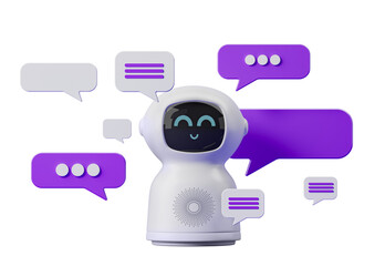 Poster - Cute robot with multiple speech bubbles in gray and purple. 3D rendering. White background. Concept of communication