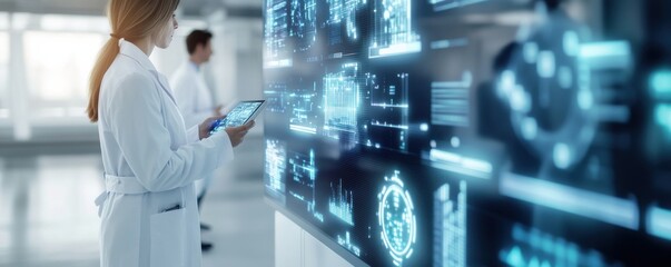 A healthcare professional examines digital data on a futuristic interface in a modern medical environment.