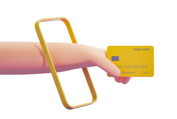 Poster - 3D rendering of a hand holding a yellow credit card through a yellow smartphone frame, isolated on a white background. Concept of online payment