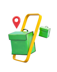 Poster - Illustration showing delivery bags, a smartphone frame, and a location pin on a white background. Concept of online delivery. 3D Rendering