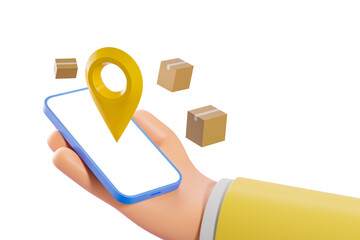 Poster - Hand holding smartphone with a yellow location marker icon, floating boxes, in a 3D rendering, isolated on a white background. Concept of delivery tracking