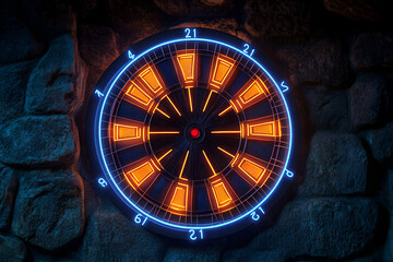 Vibrant Close-Up Neon-Illuminated Dartboard Against a Deep Dark Background, Highlighting Glowing Details and Brightly Colored Target Rings – Striking Visual for Entertainment and Game Room Ambiance