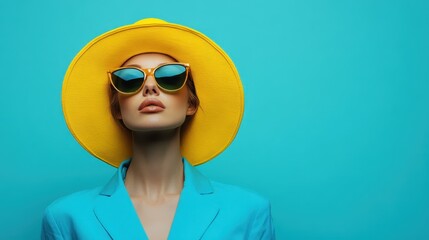 Wall Mural - A stylish woman stands confidently against a turquoise background, wearing a bright yellow hat and matching sunglasses, showcasing modern fashion and self-expression.