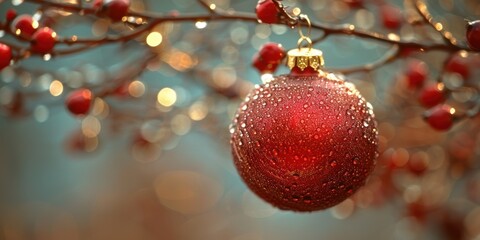 A close-up view of a shimmering red Christmas ornament adorned with delicate water droplets hanging from a branch with blurred festive lights in the background