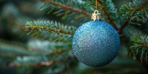 A close-up image of a sparkling blue Christmas ornament hanging from the branch of a pine tree, capturing the festive holiday spirit vividly