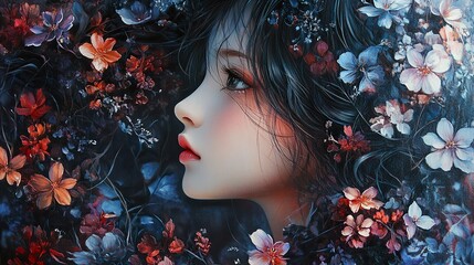 Sticker - Dreamy Portrait of a Girl Surrounded by Flowers