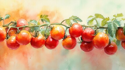 Watercolor painting of ripe red tomatoes on a vine with a gradient background.