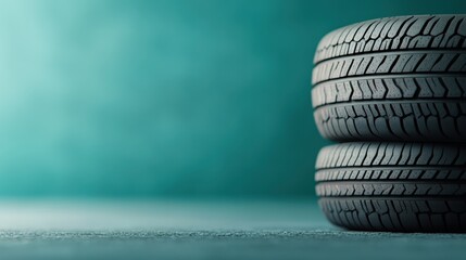 A minimalist display of two stacked tires is highlighted against a teal backdrop, emphasizing the tires' intricate tread patterns and a modern, industrial feel.