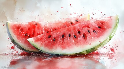 two juicy watermelon slices with vibrant red flesh and black seeds, splattered watercolor style.