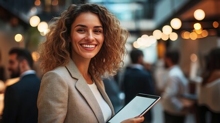 Sticker - Businesswoman Smiling while Holding Digital Tablet