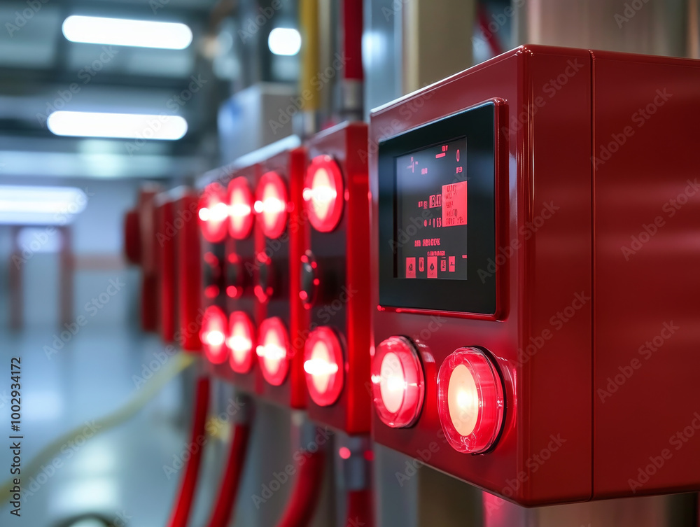 fire alarm system features bright red indicators and digital display ...