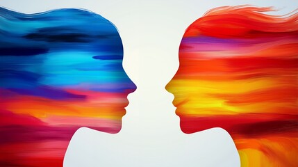 Poster - Two abstract faces in blue and orange, facing each other.