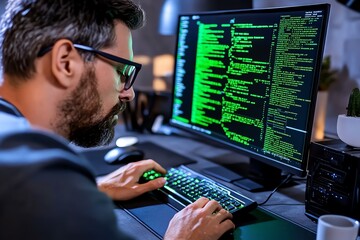 Poster - A hyper-detailed shot of an ethical hacker typing, with intricate reflections of glowing green code on the screen and precise details of the keyboard and setup