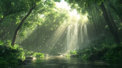 Wall Mural - Serene Waterfall in Lush Rainforest - Nature Photography