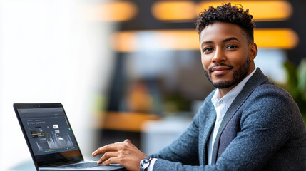 Poster - Confident Businessman Analyzing Financial Graphs on Laptop at Modern Office Workspace, Focused on Data-Driven Decision Making and Economic Research