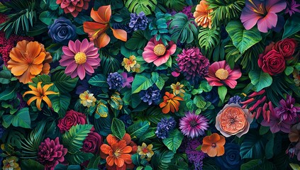 3D render of a colorful floral background with various flowers and green...