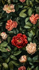 Wall Mural - A digital art wallpaper of an intricate floral garden, with vibrant red roses...