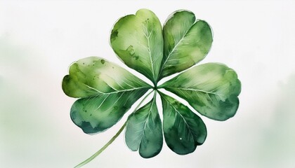 Wall Mural -  Single round clover leaf with soft watercolor strokes, vibrant green hues, and delicate vein