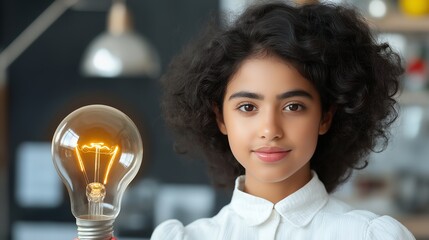 Wall Mural - A young woman with curly hair holds a lit lightbulb and looks at the camera with a thoughtful expression.