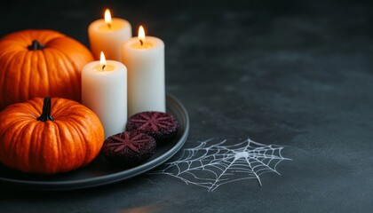 A festive Halloween arrangement featuring pumpkins, candles, and themed treats.