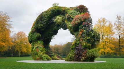 A beautiful arch-shaped sculpture entirely covered with various plants and flowers, standing in a lush green park surrounded by autumn trees.