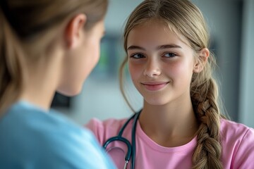 Wall Mural - Young nurse taking care of teenage girl, consoling her, Generative AI