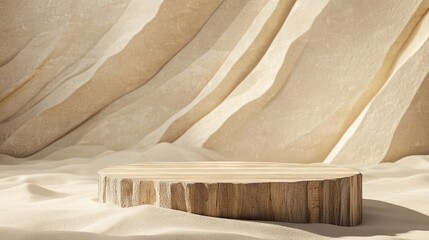 Canvas Print - Abstract composition of a wood and stone podium on realistic sand, offering a minimal backdrop with copy space,