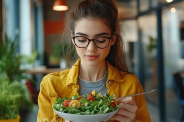 Young woman eating salad in an office, Generative AI