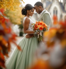 Wall Mural - Autumn wedding day of beautiful young adult black couple, bride and groom in elegant festive clothes against fall yellow and crimson landscape outdoors, AI generated image