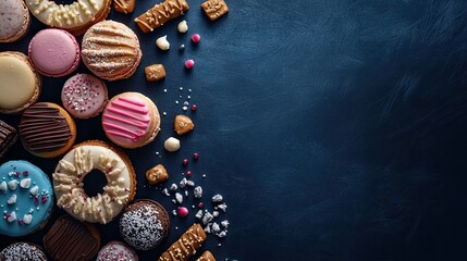 Wall Mural - An elegant assortment of sweets, including cookies and macarons, on a dark blue background, offering a luxurious setting